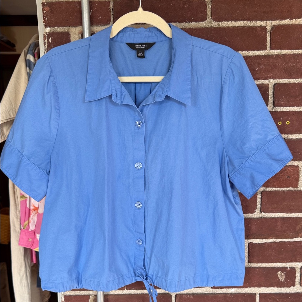 Vera Wang Blue Button-Down Shirt with string tie waist.